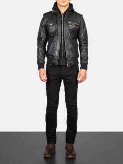 Men's Bravado Black Hooded Leather Bomber Jacket