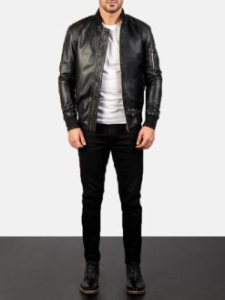 Men's Bomia Ma-1 Black Leather Bomber Jacket