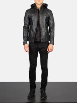 Men's Hector Black Hooded Leather Biker Jacket