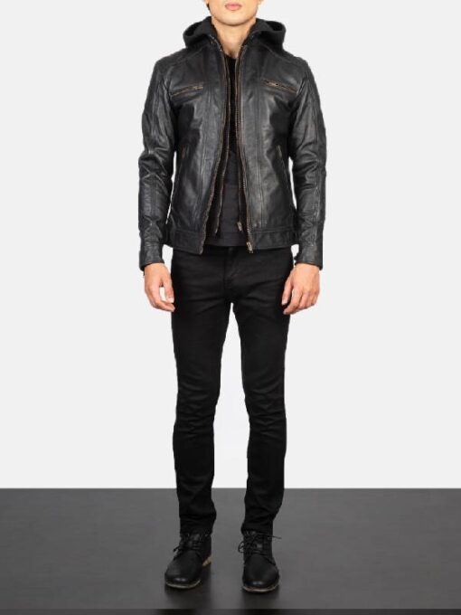 Men's Hector Black Hooded Leather Biker Jacket