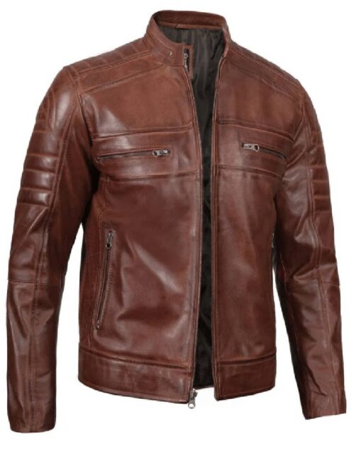 Austin Men Premuim Cafe Racer Cognac Leather Jacket