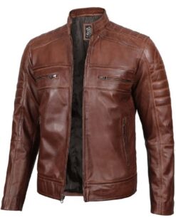 Austin Men Premuim Cafe Racer Cognac Leather Jacket