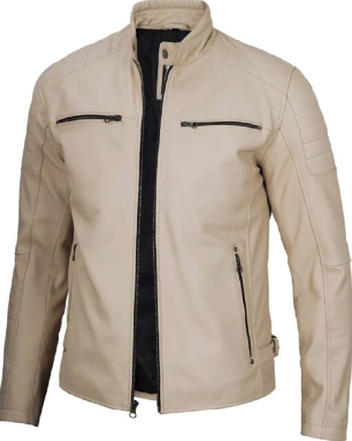 Beige Cafe Racer Leather Jacket for Men