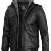 Black Bomber Mens Leather Jacket with Removable Hood