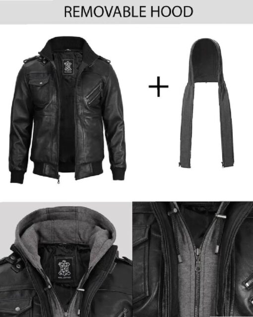 Black Bomber Mens Leather Jacket with Removable Hood