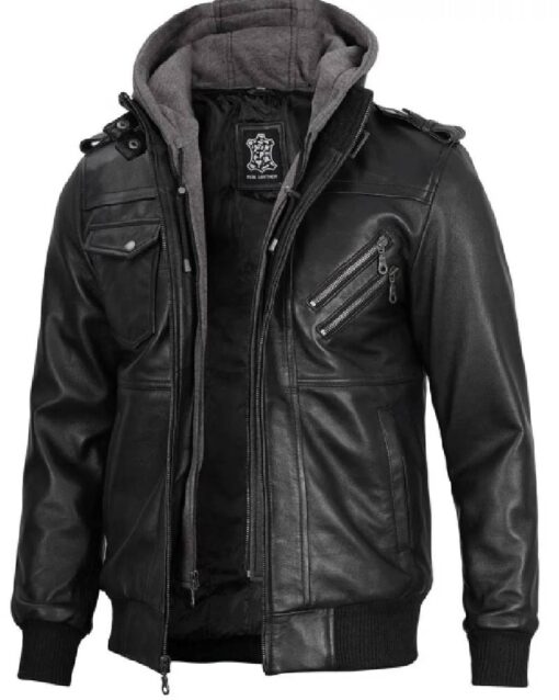 Black Bomber Mens Leather Jacket with Removable Hood