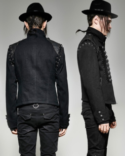 Black Braided Gothic Military Denim Jacket With Leather Shoulders