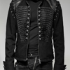 Black Braided Gothic Military Denim Jacket With Leather Shoulders