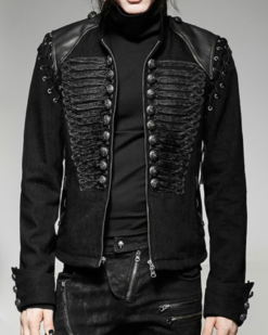 Black Braided Gothic Military Denim Jacket With Leather Shoulders