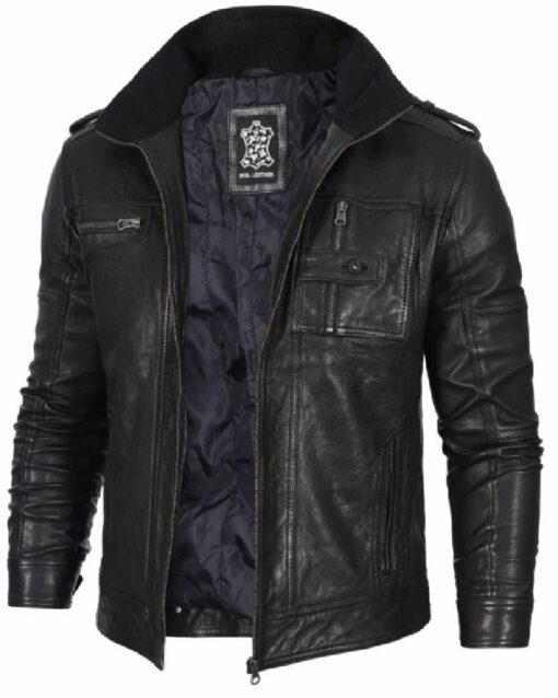 Black Mens Waxed Cafe Racer Leather Jacket