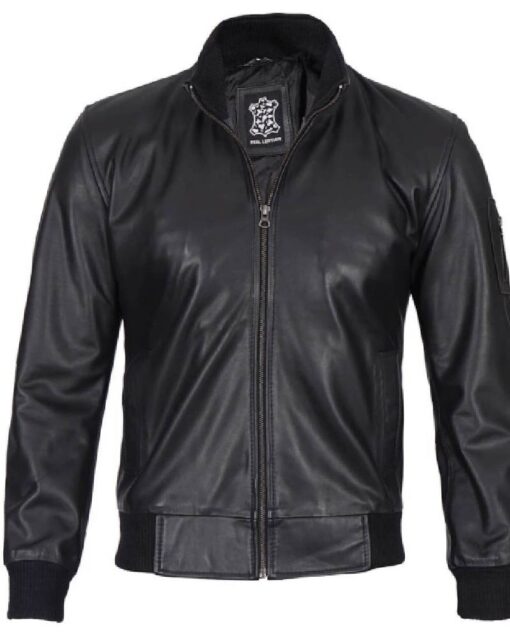 Mens Black Real Cowhide Leather Bomber Jacket