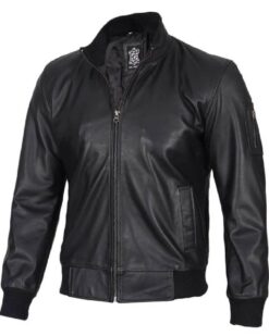 Mens Black Real Cowhide Leather Bomber Jacket