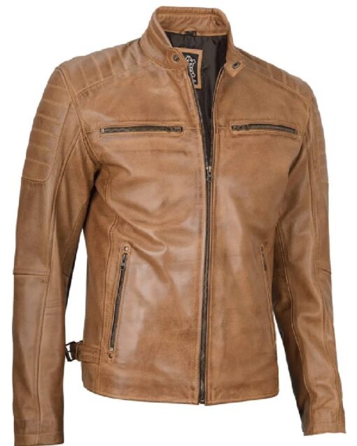 Cafe Racer Camel Brown Leather Jacket for Men