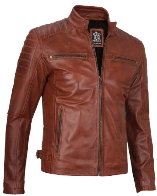 Cognac Brown Cafe Racer Leather Jacket for Men