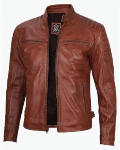 Cognac Brown Cafe Racer Leather Jacket for Men