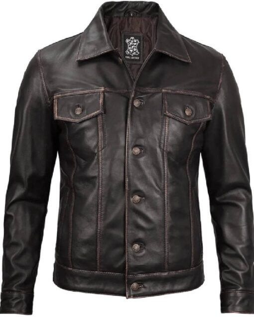 Dark Brown Leather Trucker Jacket Mens