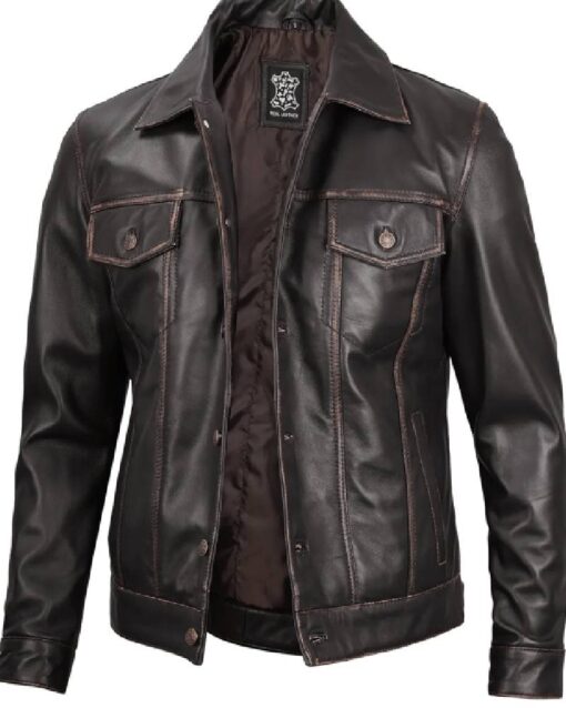 Dark Brown Leather Trucker Jacket Mens