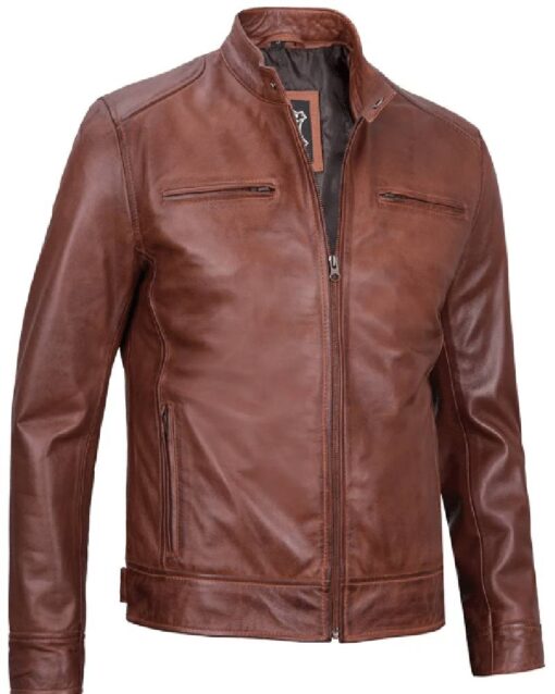 Dodge Mens Cognac Cafe Racer Leather Jacket