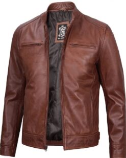 Dodge Mens Cognac Cafe Racer Leather Jacket