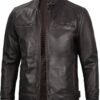 Dodge Mens Rub-off Dark Brown Cafe Racer Leather Jacket