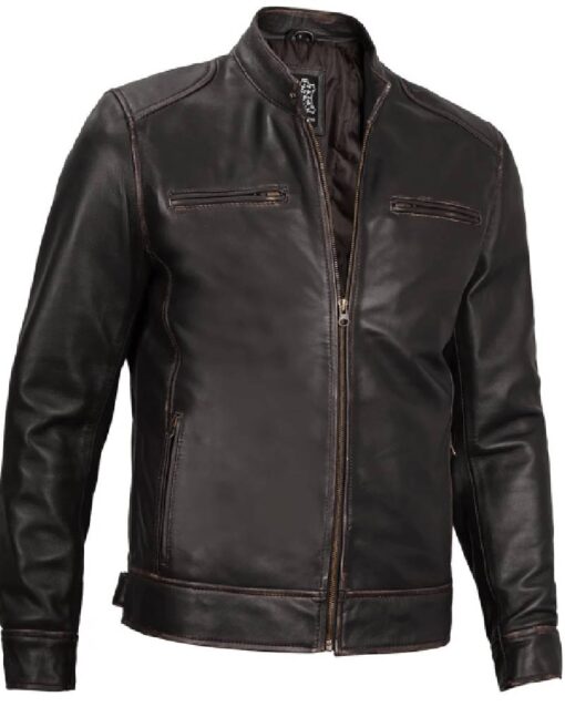 Dodge Mens Rub-off Dark Brown Cafe Racer Leather Jacket