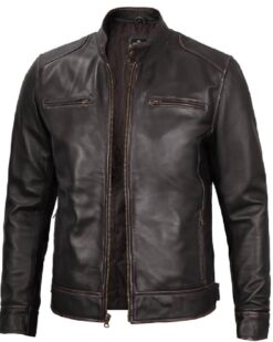 Dodge Mens Rub-off Dark Brown Cafe Racer Leather Jacket