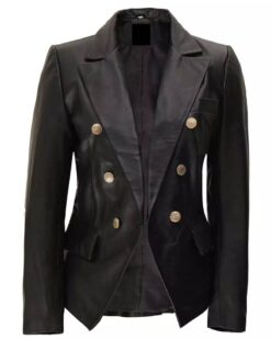 Kim Women’s Double Breasted Black Leather Blazer