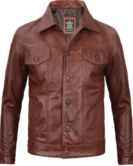 Fernando Men’s Harrington Brown Leather Trucker Jacket