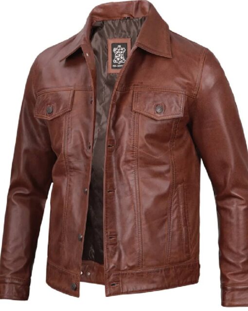 Fernando Men’s Harrington Brown Leather Trucker Jacket