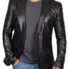 Mens Black Leather Blazer – Stylish Two Button Notch Lapel Blazer