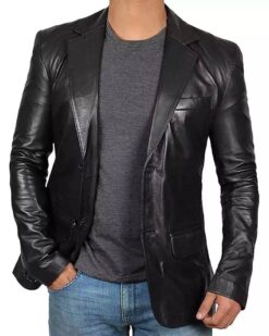 Mens Black Leather Blazer – Stylish Two Button Notch Lapel Blazer