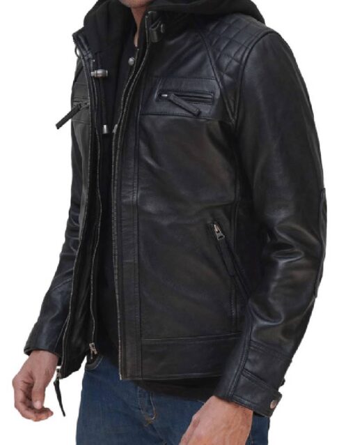 Johnson Mens Hooded Black Leather Jacket