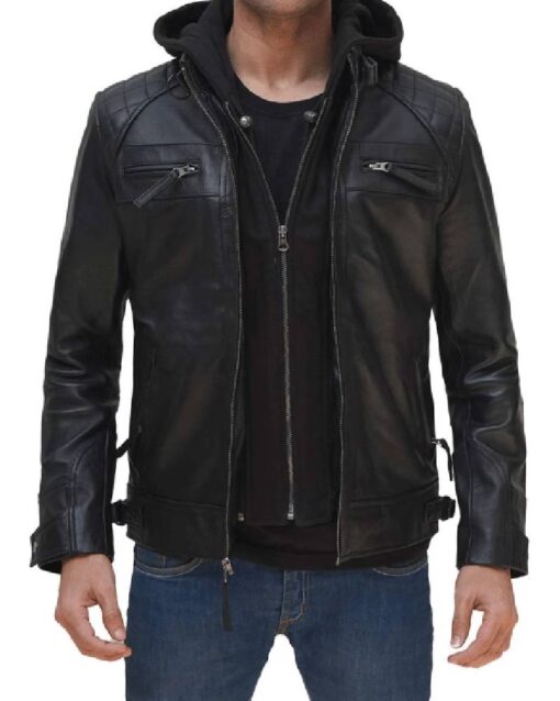 Johnson Mens Hooded Black Leather Jacket