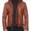 Johnson Mens Quilted Tan Leather Jacket with Detachable Hood