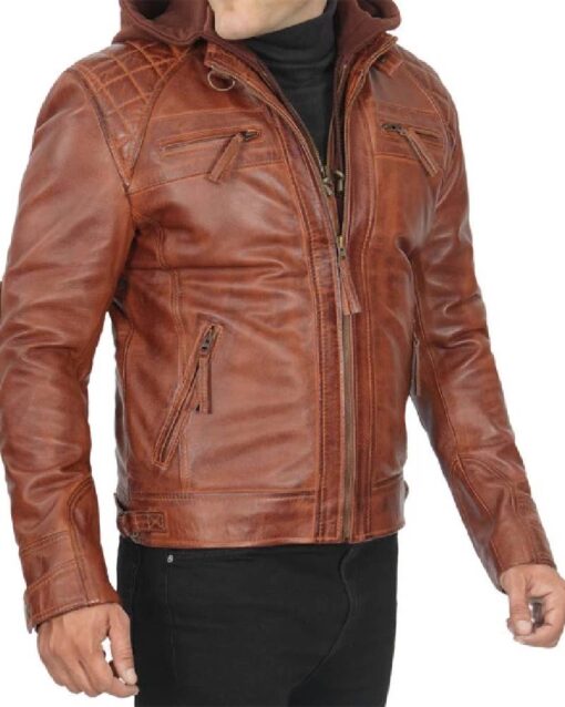 Johnson Mens Quilted Tan Leather Jacket with Detachable Hood