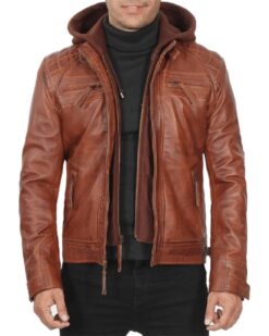 Johnson Mens Quilted Tan Leather Jacket with Detachable Hood