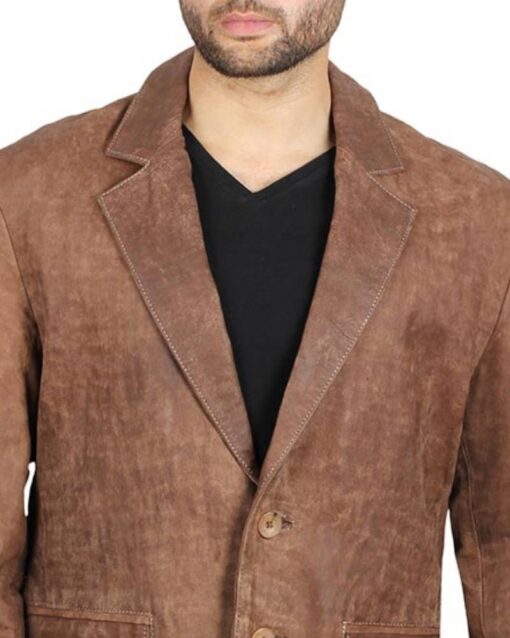 Mens Exclusive Two Button Real Leather Brown Blazer