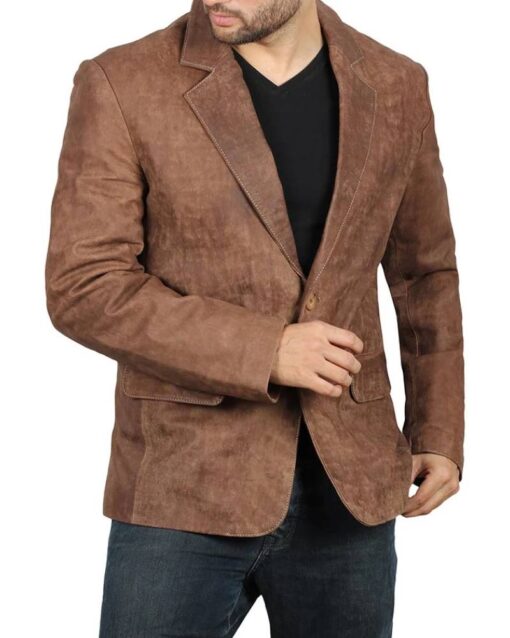 Mens Exclusive Two Button Real Leather Brown Blazer