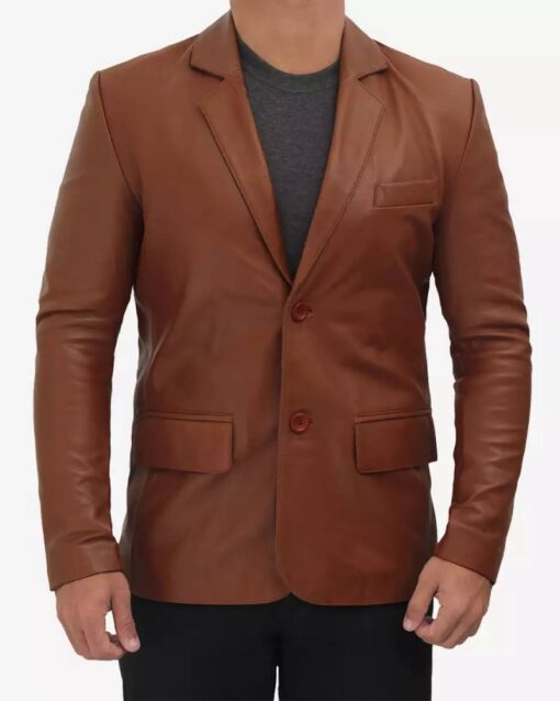 Mens Premium Two Button Cognac Leather Blazer