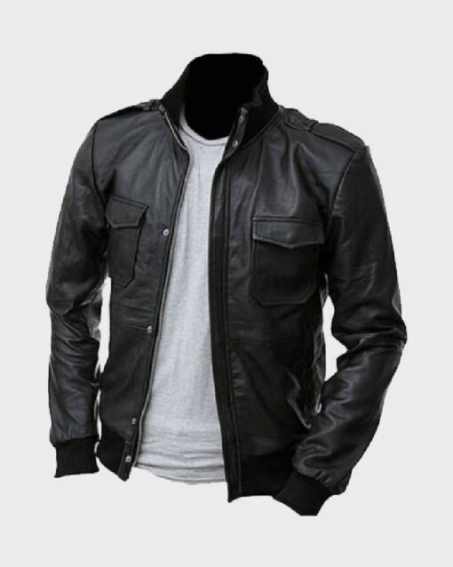 Men’s Biker Style Slim Fit Bomber Black Leather Jacket