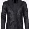 Mens Notch Lapel Two Button Black Leather Blazer