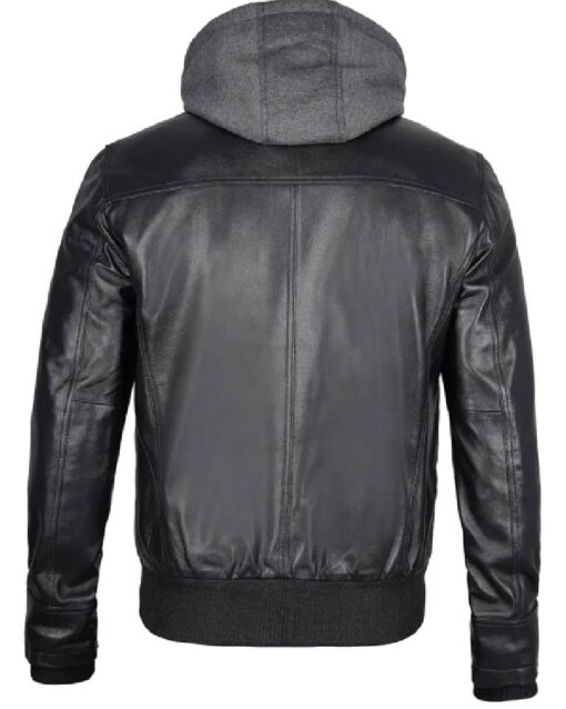 Mens Black Leather Jacket With Grey Hoodie