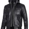 Mens Black Leather Jacket With Grey Hoodie