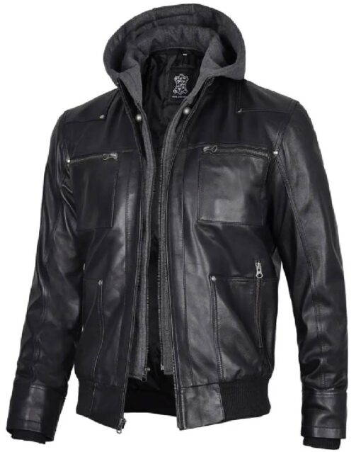 Mens Black Leather Jacket With Grey Hoodie