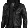 Mens Black Leather Jacket With Removable Hoodie