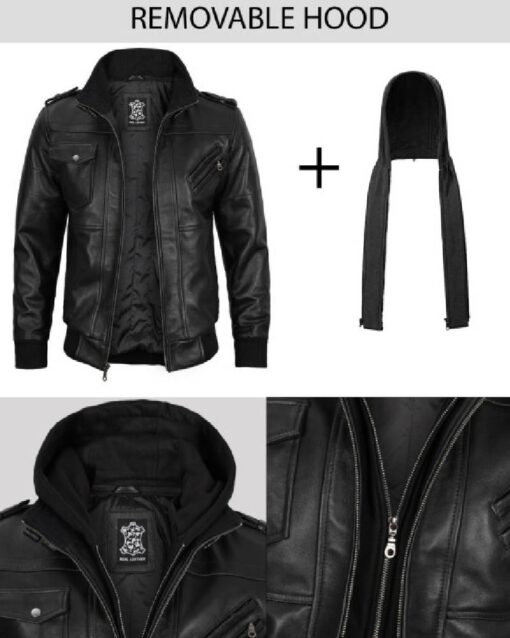 Mens Black Leather Jacket With Removable Hoodie