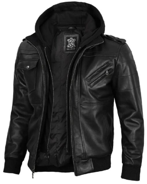 Mens Black Leather Jacket With Removable Hoodie