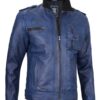 Mens Blue Leather Biker Jacket