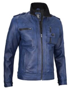 Mens Blue Leather Biker Jacket