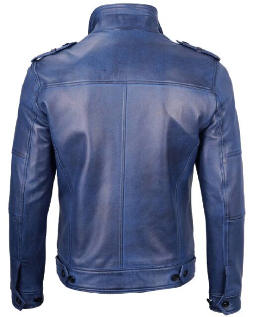 Mens Blue Leather Biker Jacket